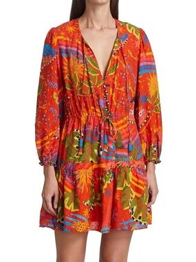 FARM Rio Red Multicolor Tropical Print Tie-Waist Dress